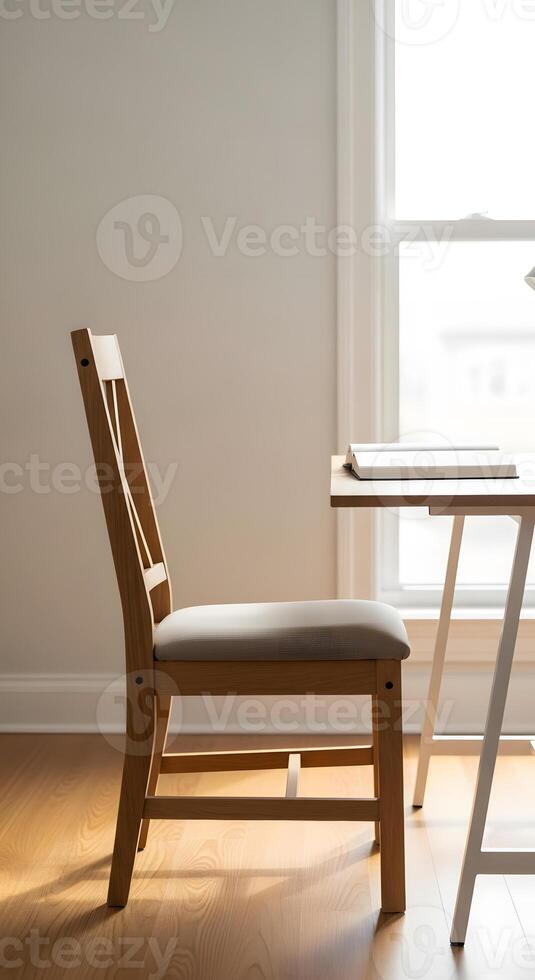 A chair and desk in front of a window photo