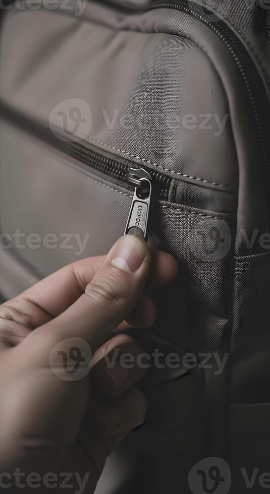 A person holding a zipper on a gray backpack photo