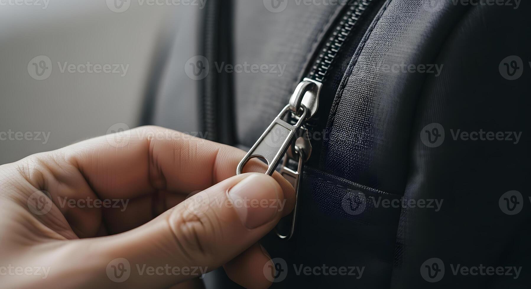 A person is holding a zipper on a black bag photo