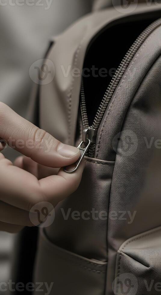 A person is opening a zipper on a backpack photo