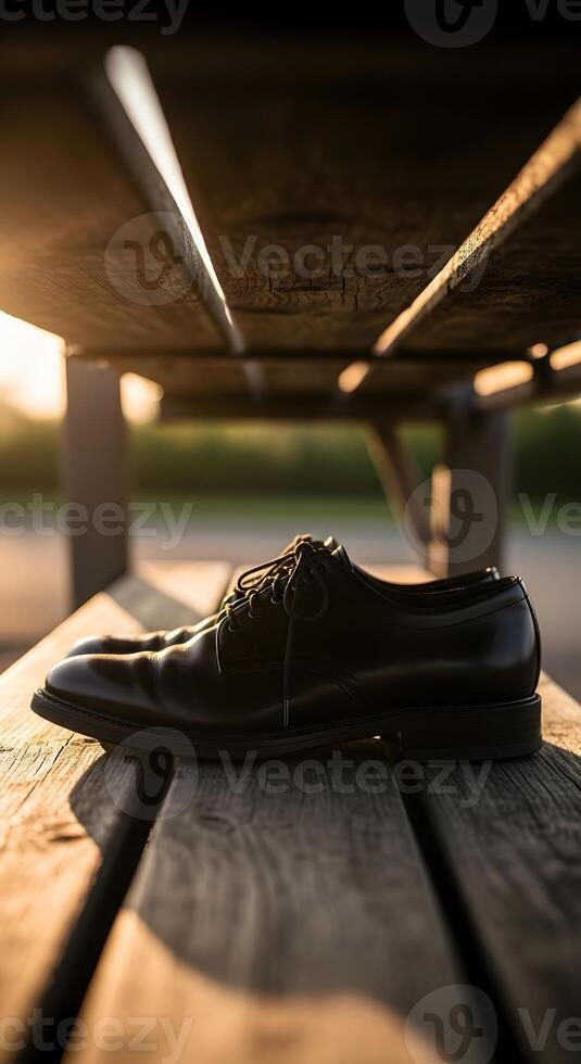 A black shoe sitting on a bench photo
