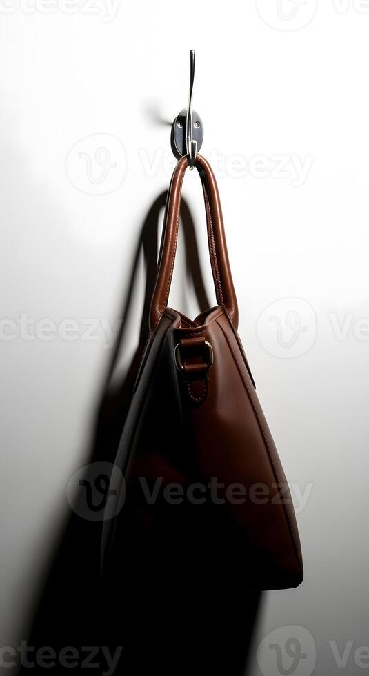 A brown handbag hanging on a wall photo
