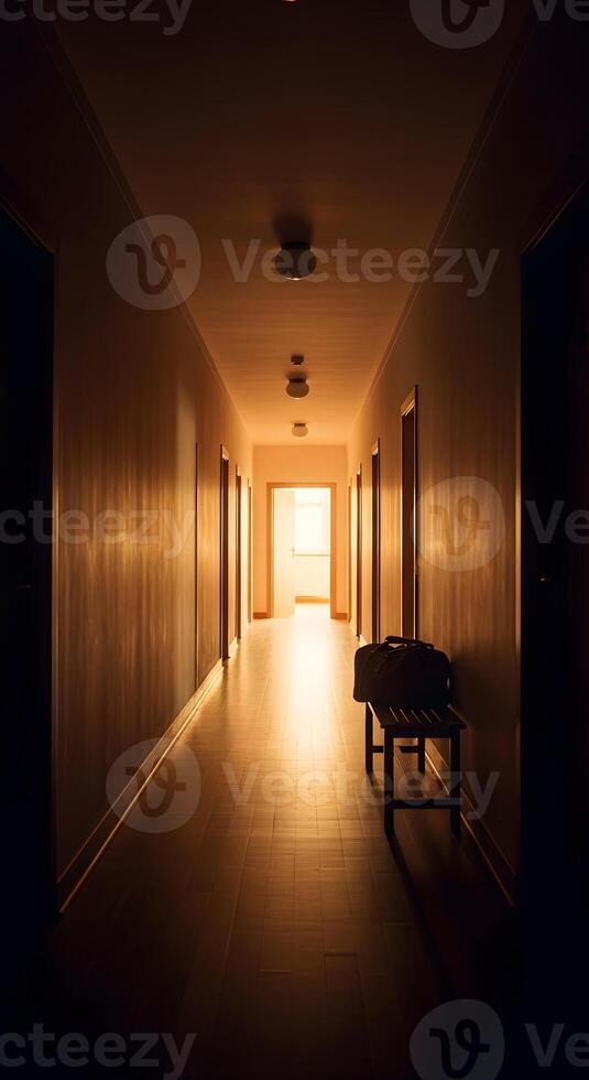 A long hallway with a bench in the middle photo