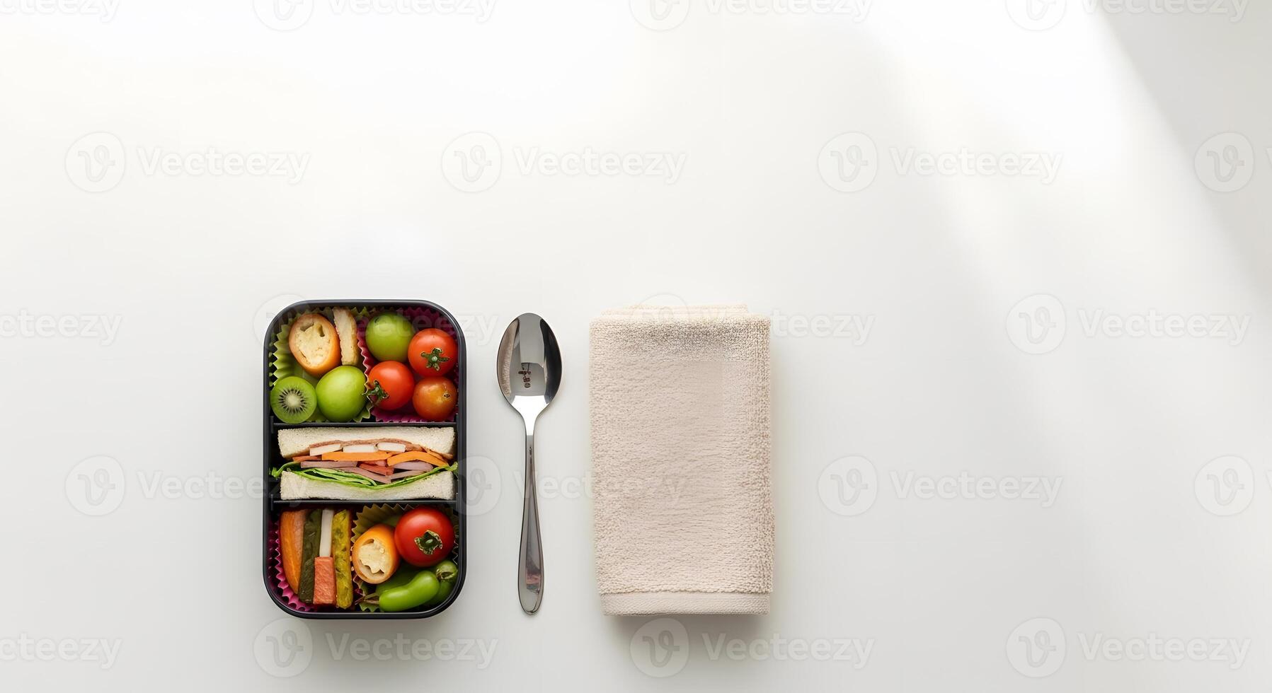 A bento box with a knife and fork on a white surface photo