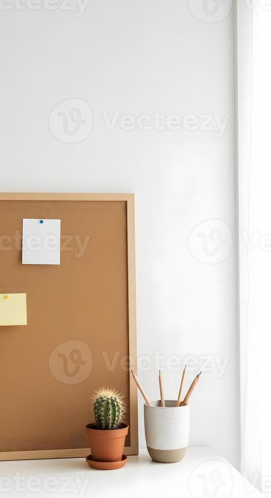 A cactus plant and a note board on a desk with a white wall photo
