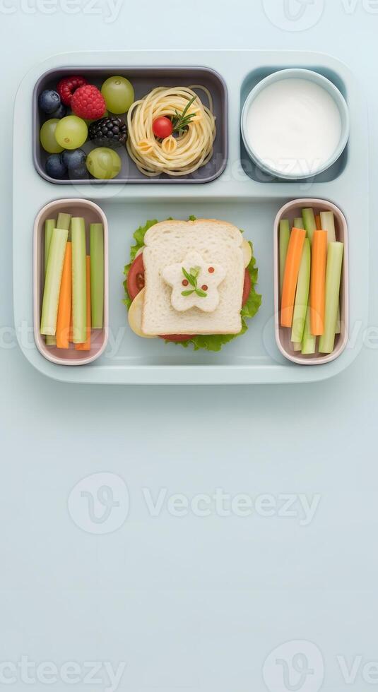 A tray with a sandwich, vegetables, and a cup of milk photo