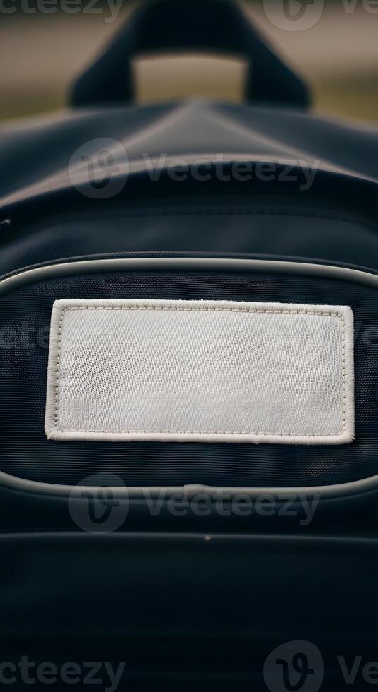 A white label on the back of a black suitcase photo