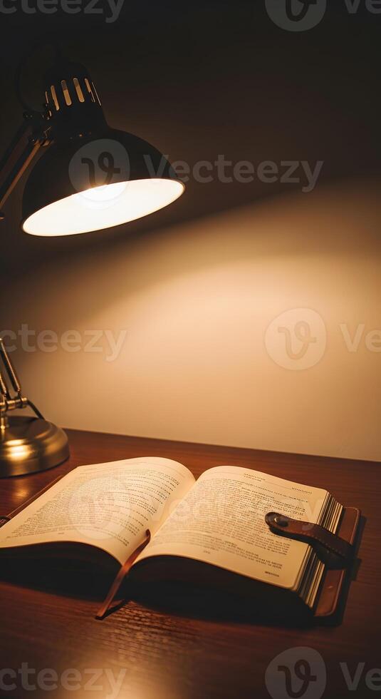 An open book and a lamp on a desk photo