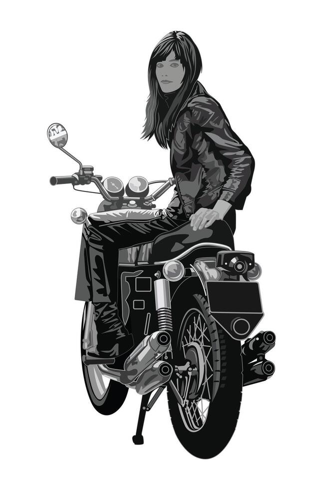 Woman riding vintage motorcycle illustration vector