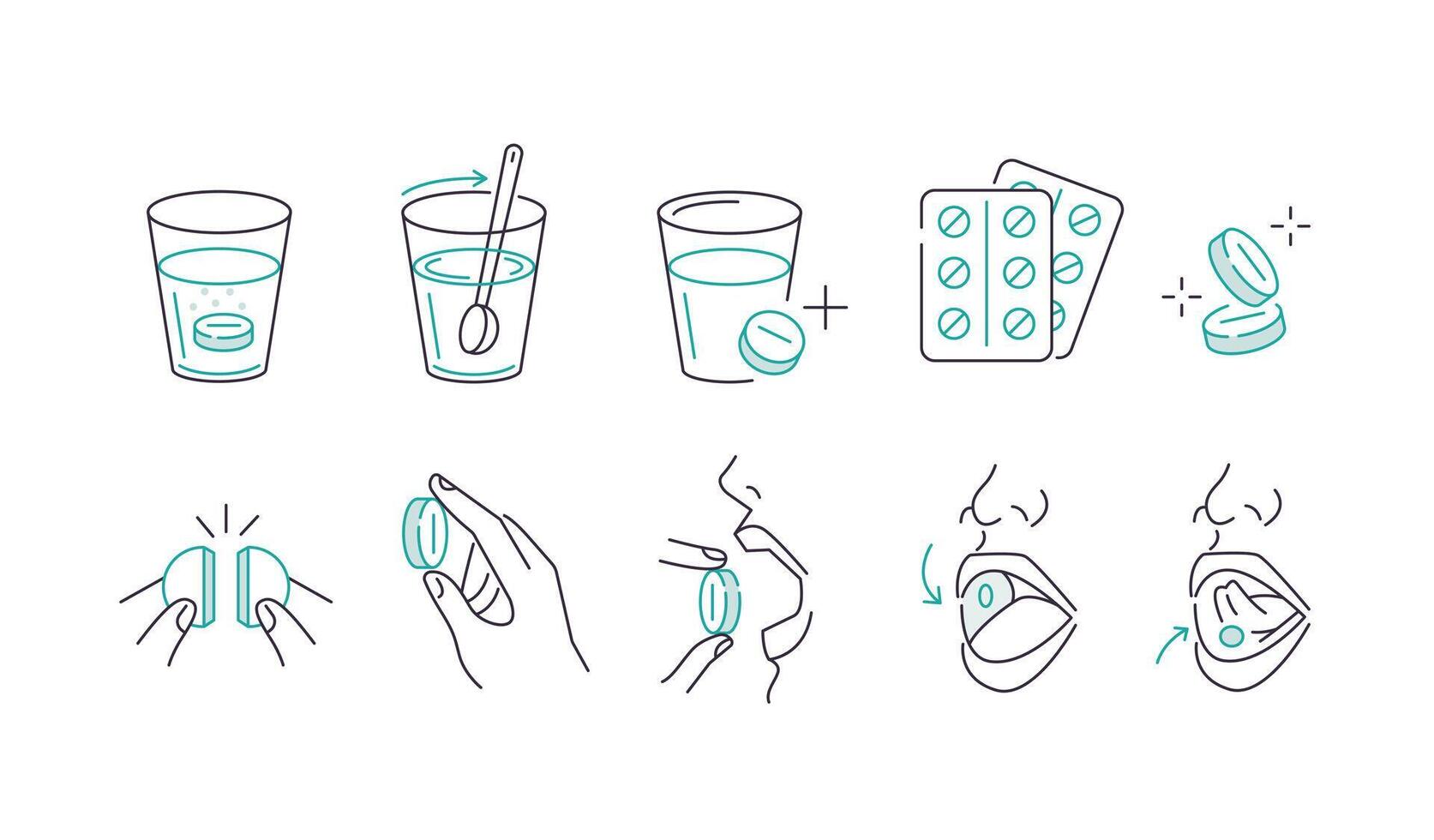 Taking pills concept set. Instruction how to take effervescent tablet and various drug correctly with glass water vector