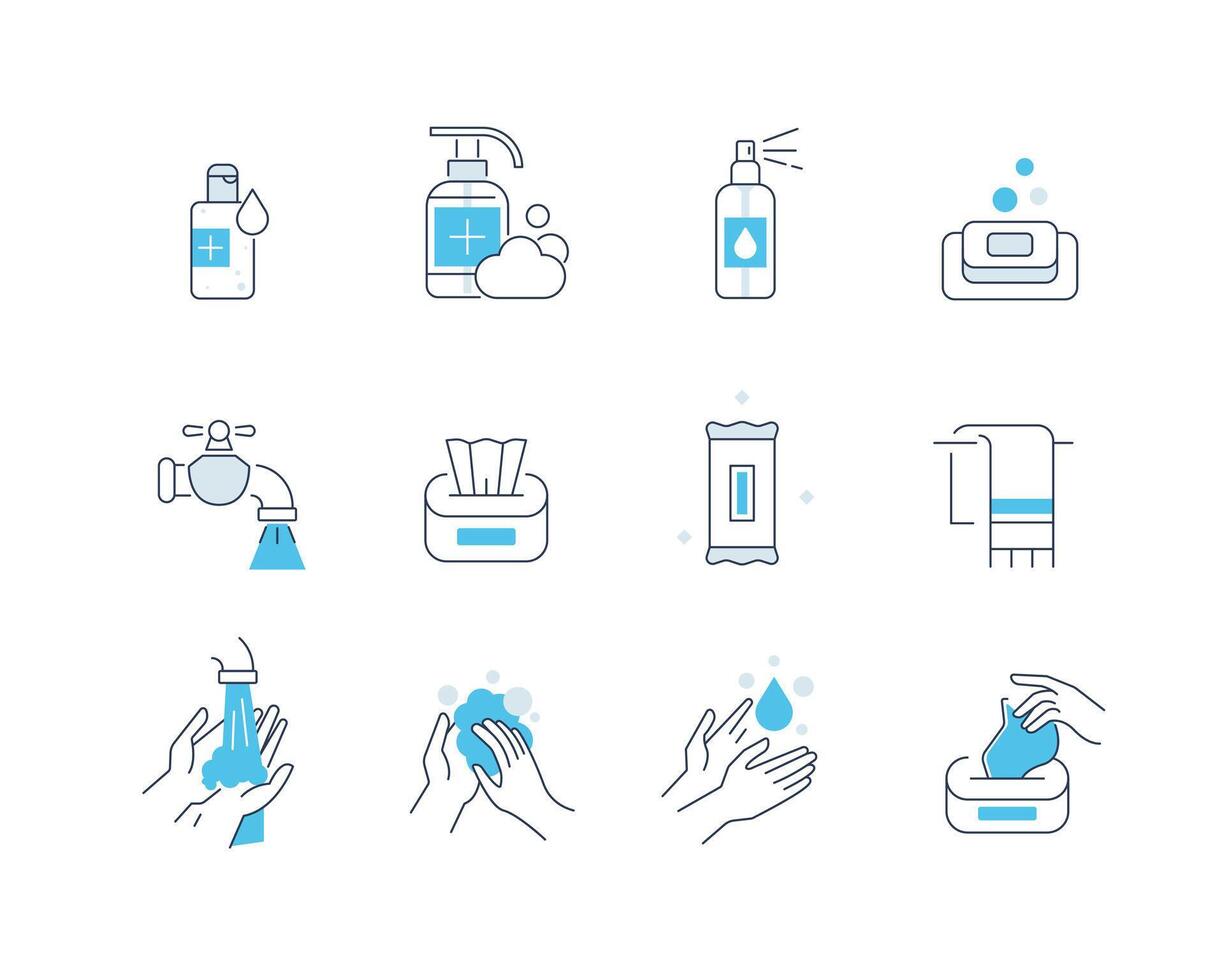 Hygiene Icons Set. Soap,Cleaning Tissues and other Hygienic Products. Washing Hand with Soap,Antiseptic Gel vector