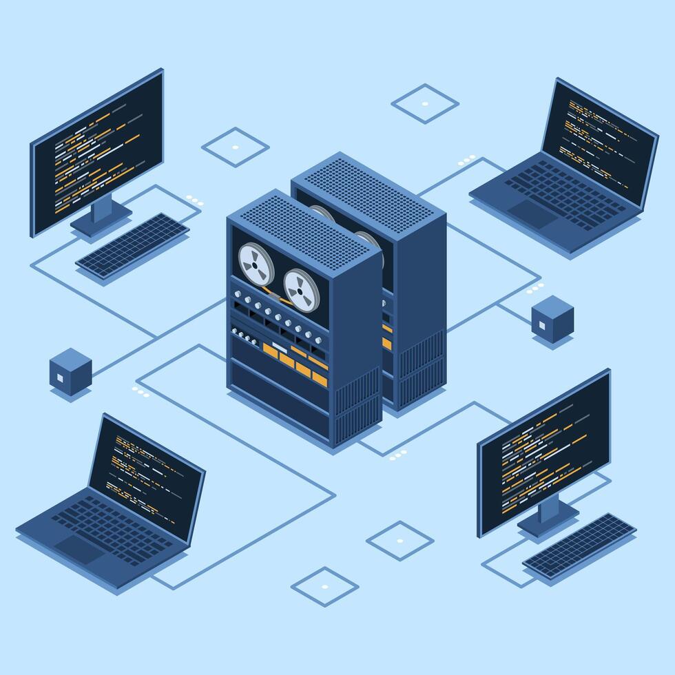 Data center with servers and computers illustration vector