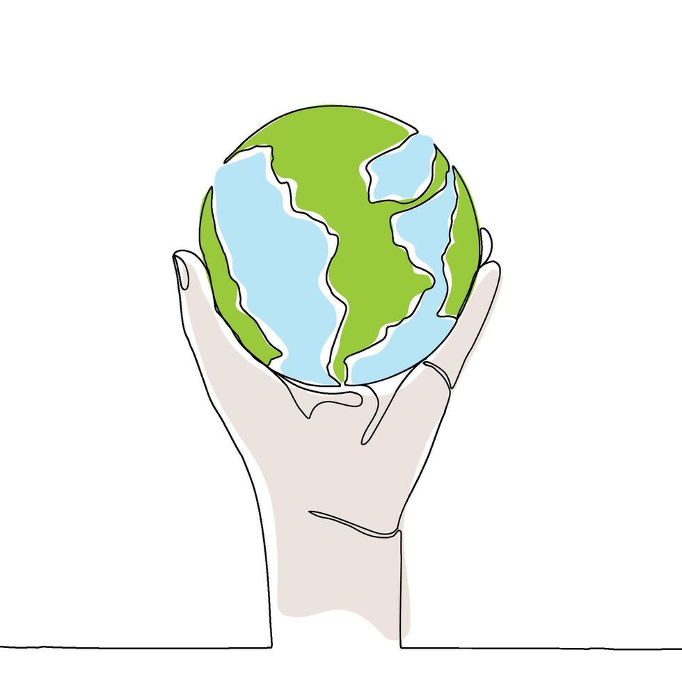 A hand holding a green earth in continuous line art vector