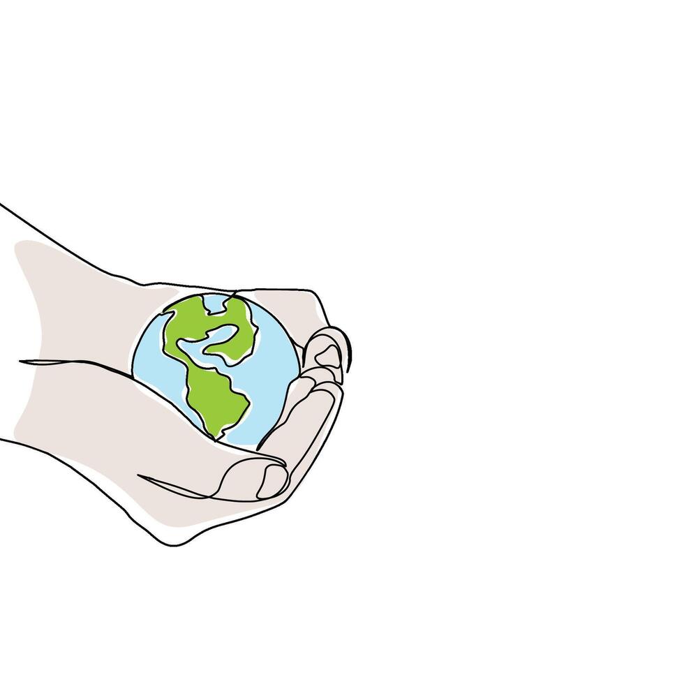 A hand holding a small earth globe continuous line art drawing vector