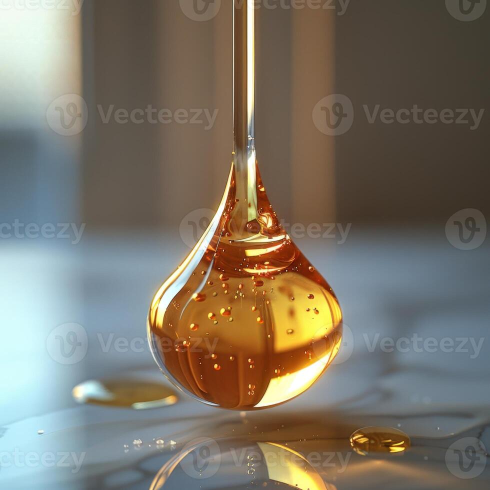 A drop of honey is shown on a table photo