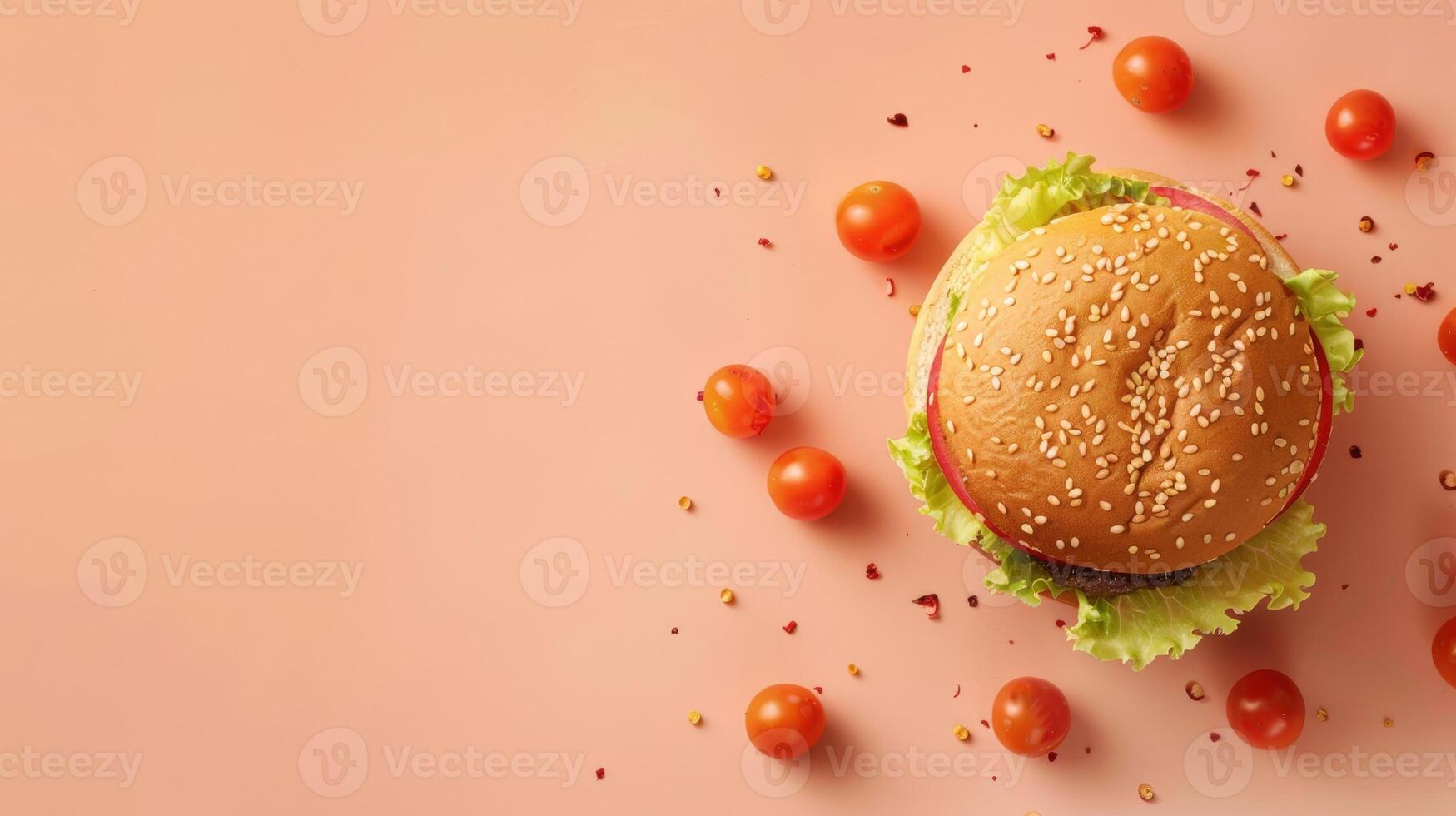 Hamburger with tomatoes and sesame seeds on a pink background photo