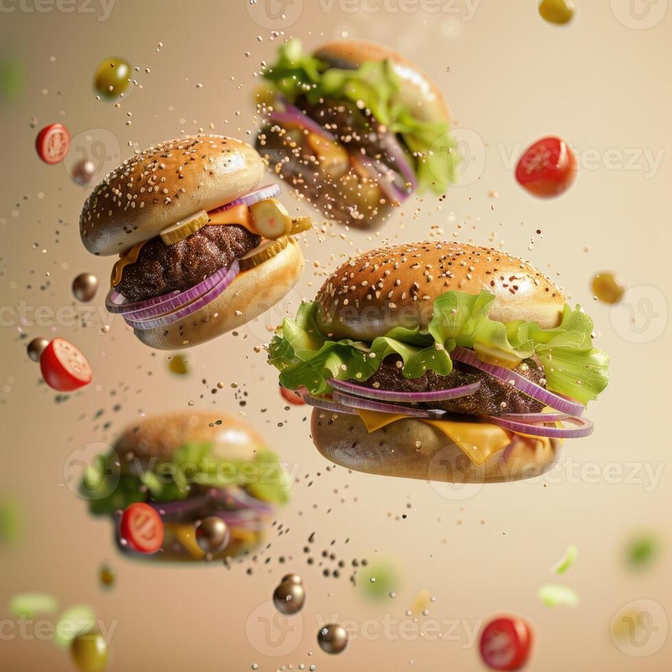 Three hamburgers are flying in the air with toppings photo