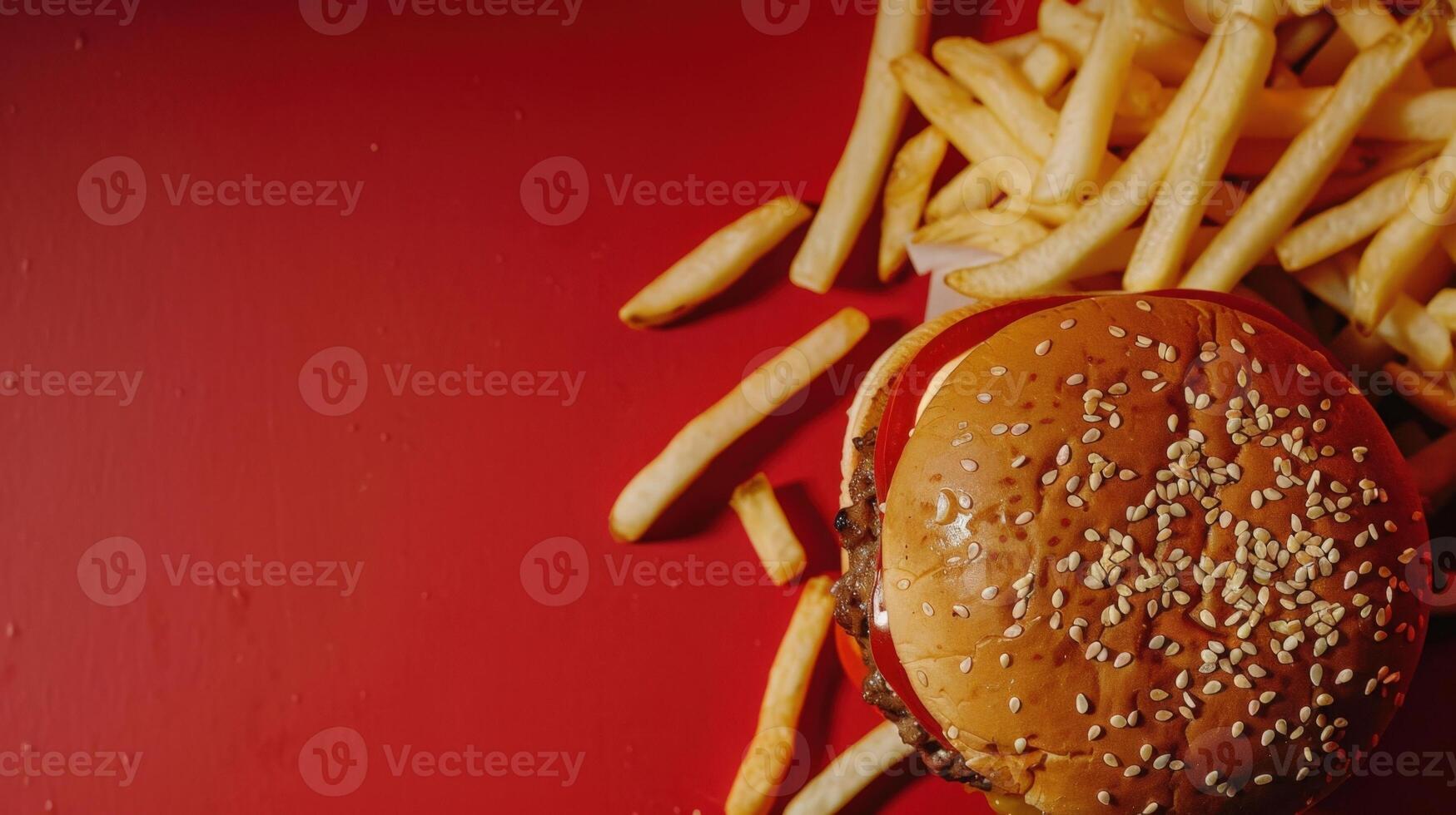 A hamburger and french fries on a red surface photo