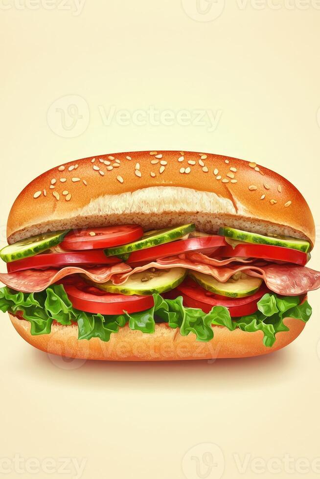 A large sandwich with meat, lettuce and tomatoes on a yellow background photo