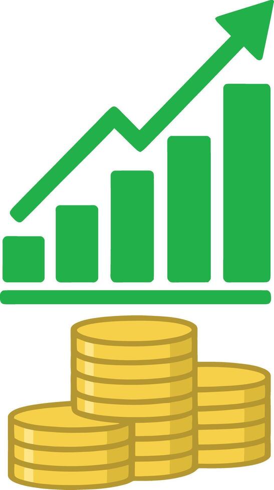 Financial Growth and Investment Illustration - Stacked Gold Coins with Upward Bar Chart, Business Success, ROI Increase, Online Marketing Trend, and Wealth Development Icon Set vector