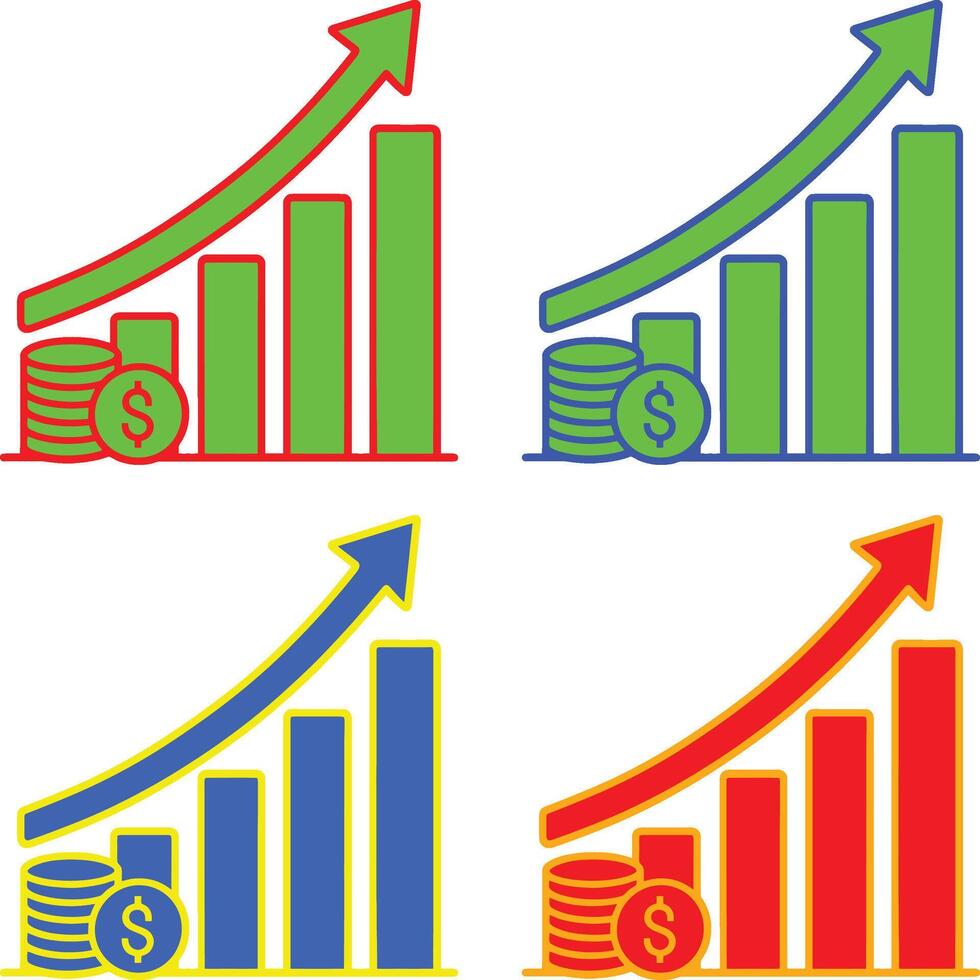 Colorful Financial Growth Icons - Money Increase Graphs, Profit Analytics Chart, Revenue Rise Symbols with Dollar Coin, Upward Arrow, Business Finance Stats, Marketing ROI Illustration vector