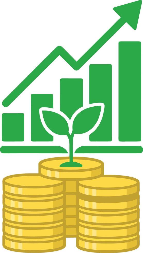 Sustainable Financial Growth Icon - Money Investment Stack with Green Plant, Profit Bar Chart, Upward Arrow, Eco Finance, Wealth Creation, ROI, Green Economy, and Renewable Business illustration vector