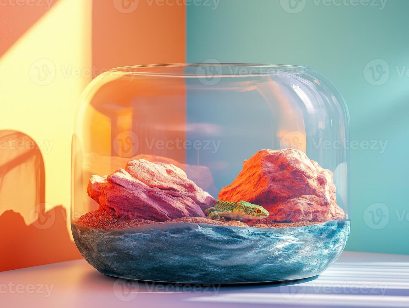 A glass jar with rocks and a fish inside photo