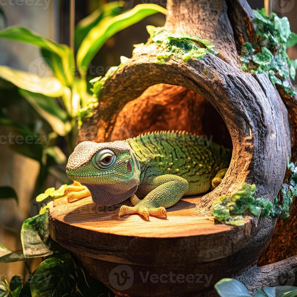 A lizard is sitting on a wooden log photo