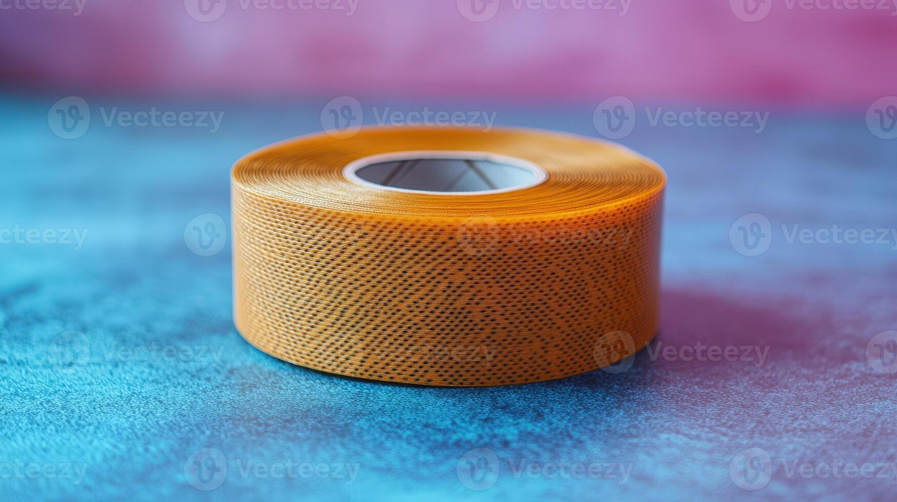 A roll of orange tape on a blue surface. photo