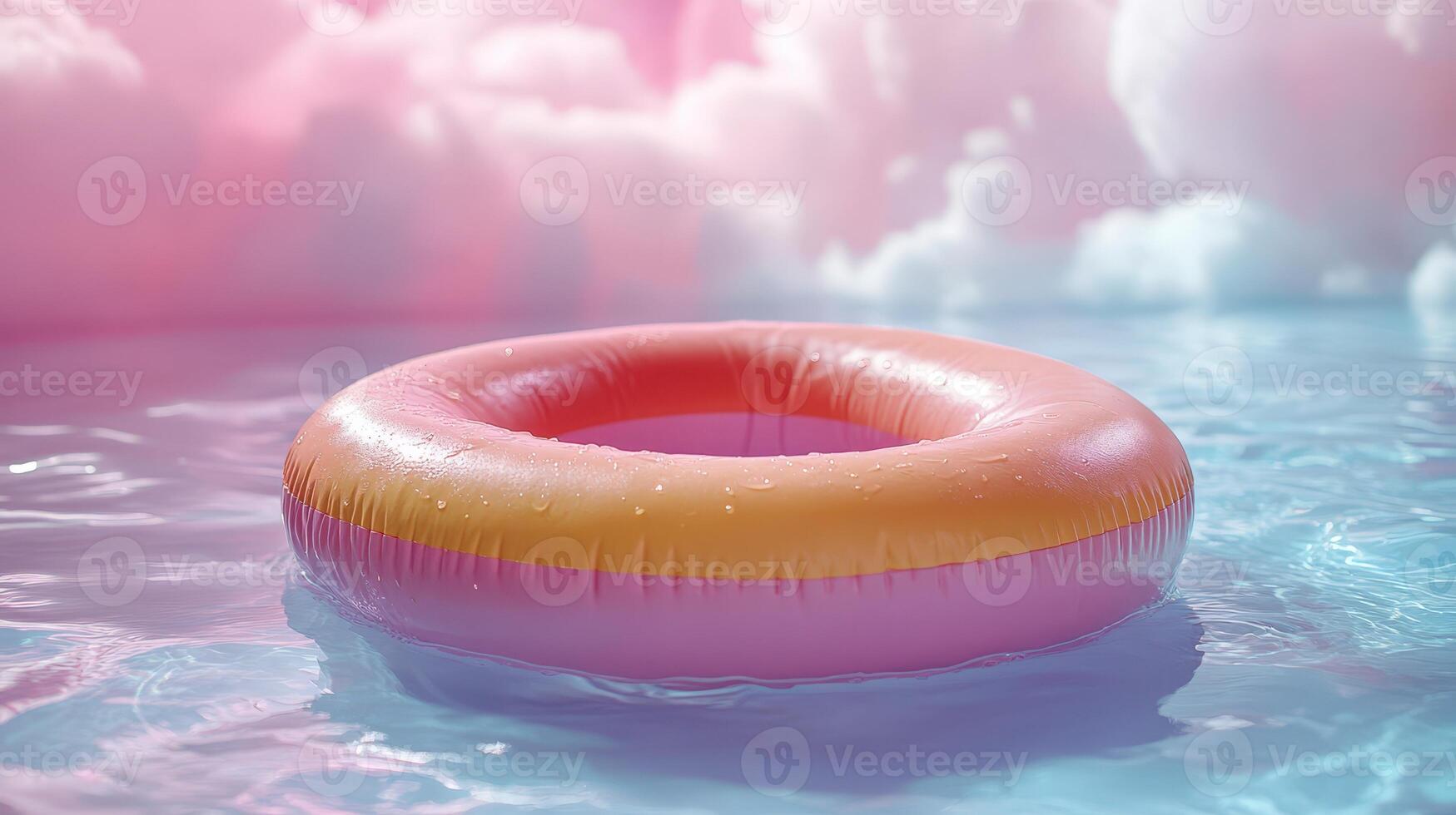 An inflatable ring floating in a pool with clouds photo