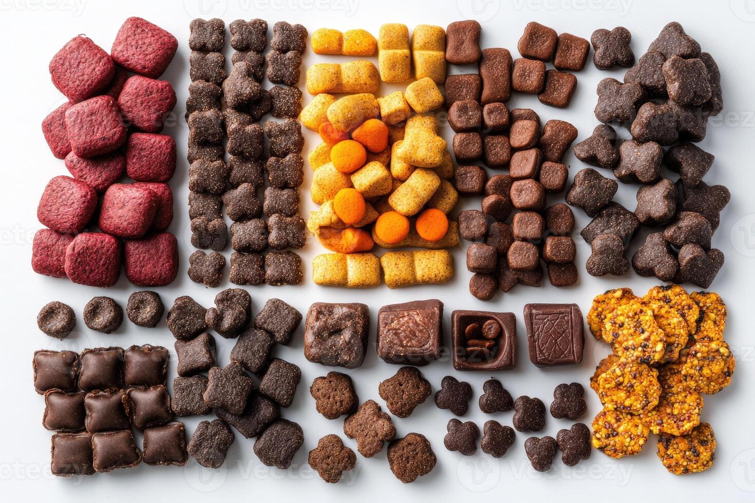 A variety of chocolate candies arranged in a square shape photo