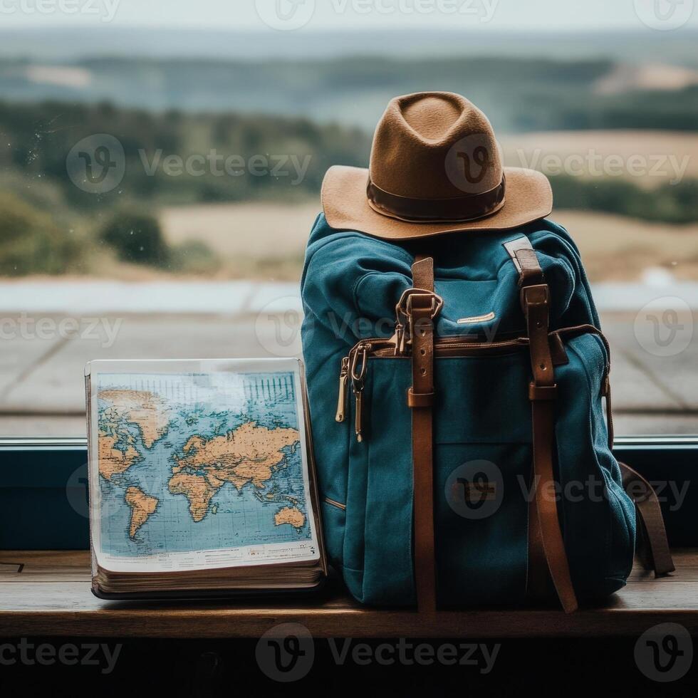 Travel Essentials on Windowsill with Scenic Hill View. photo