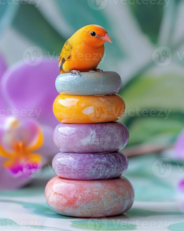 A small orange bird sits on top of a stack of stones photo