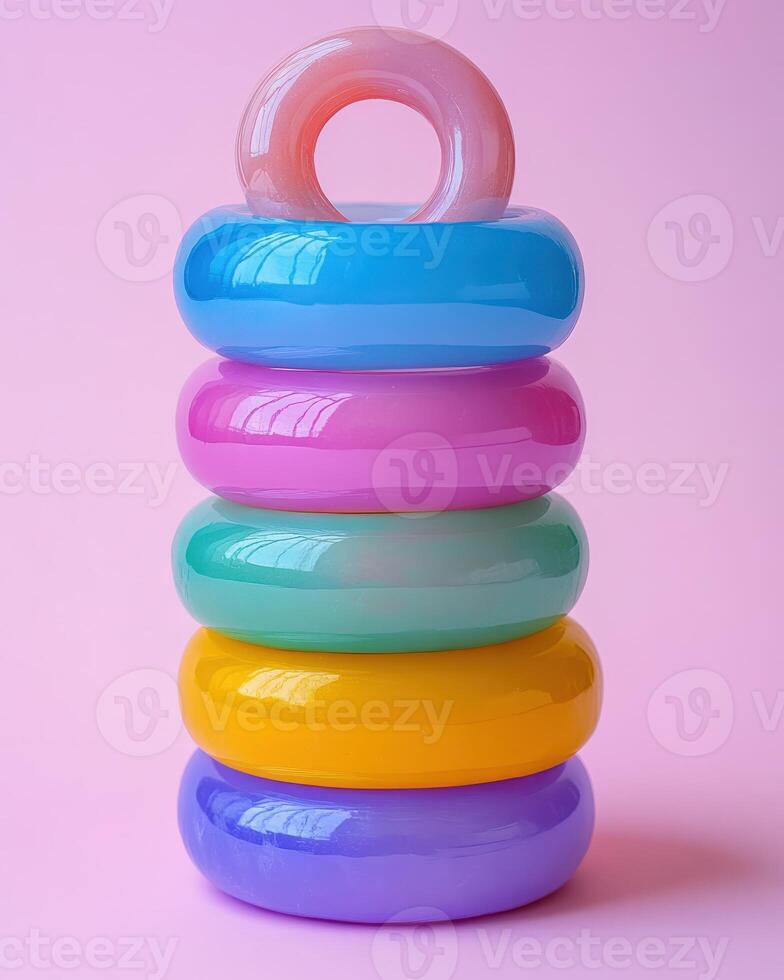 A stack of colorful rings on a pink background. photo