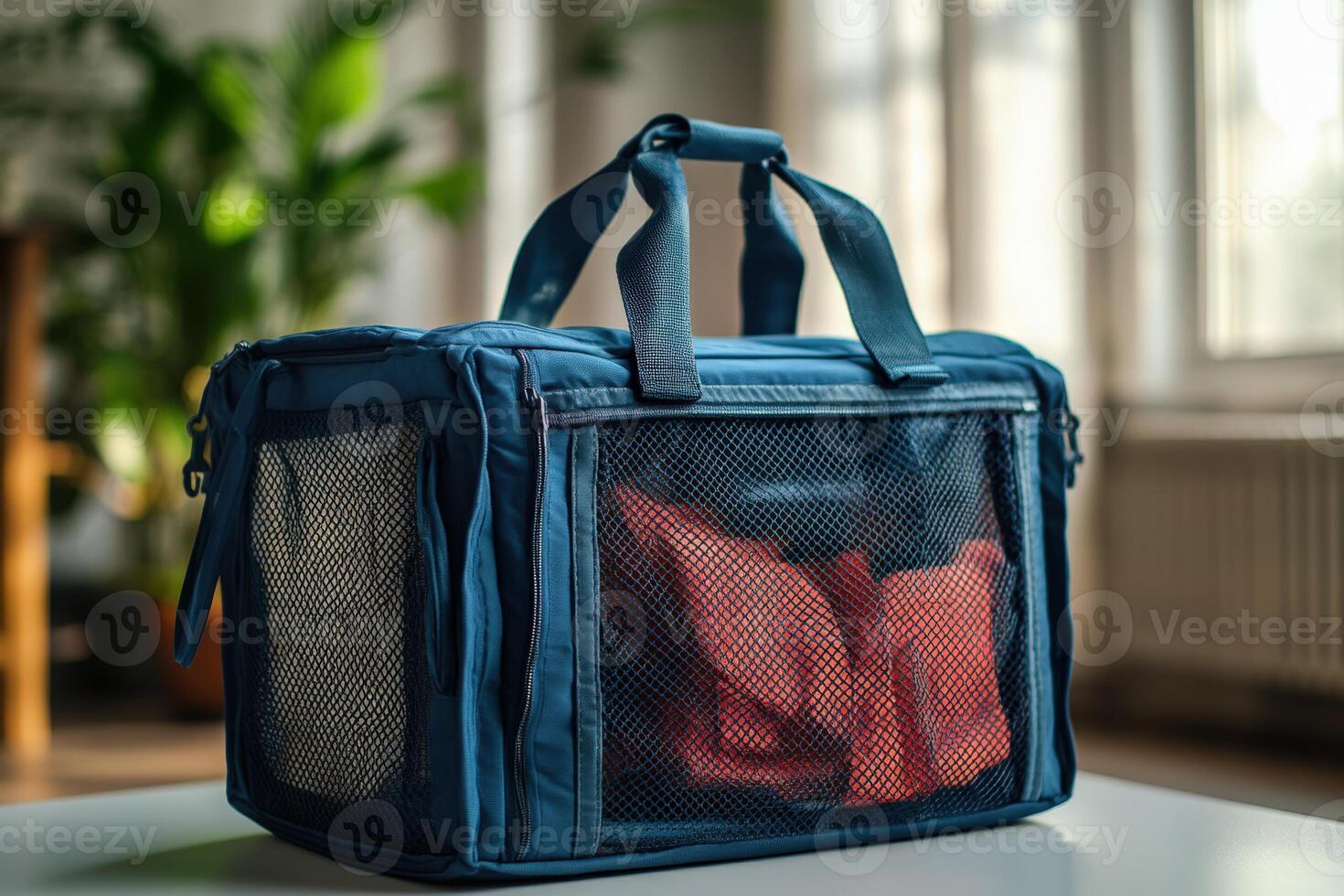 A blue mesh bag with a red bag inside photo