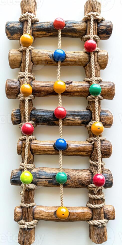 A wooden ladder with colorful beads hanging from it. photo
