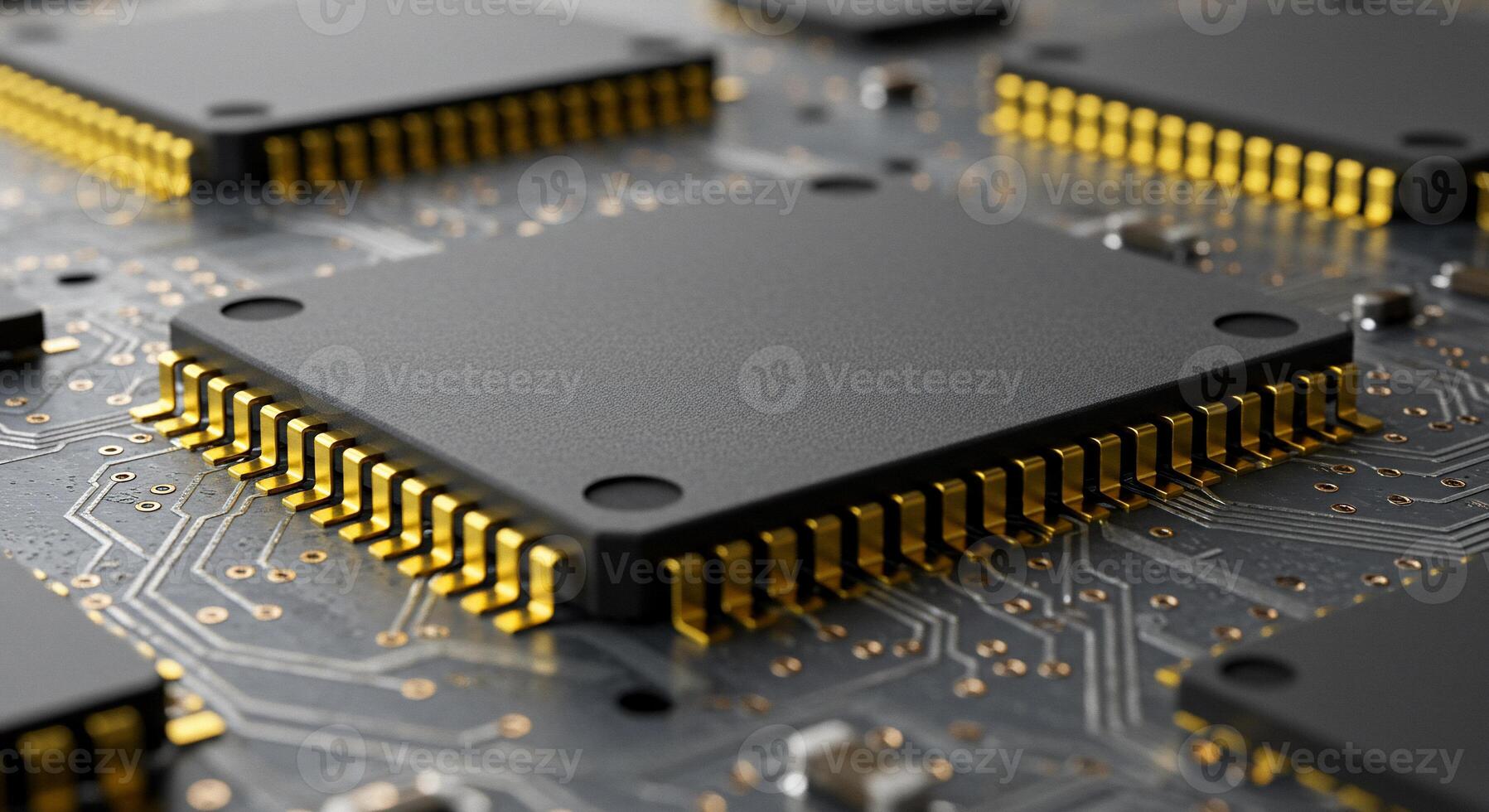 Close-up of a modern computer chip with gold pins on a circuit board photo