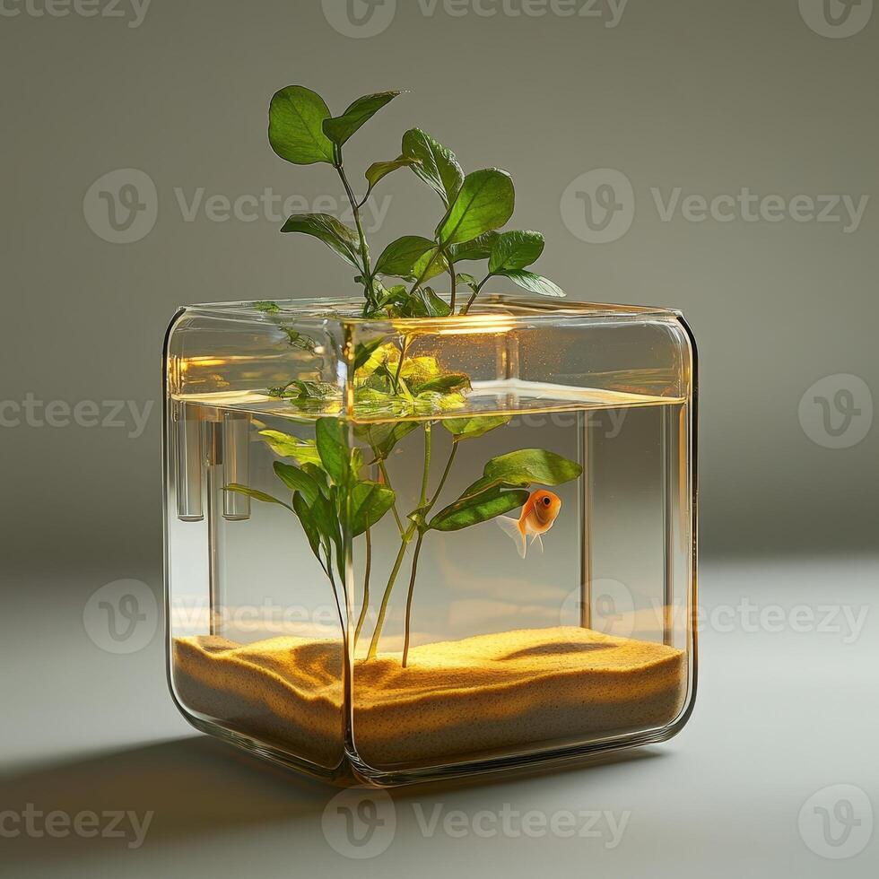 A small fish tank with plants inside photo