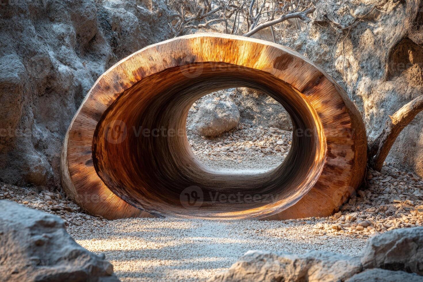A tunnel made out of wood in the desert photo