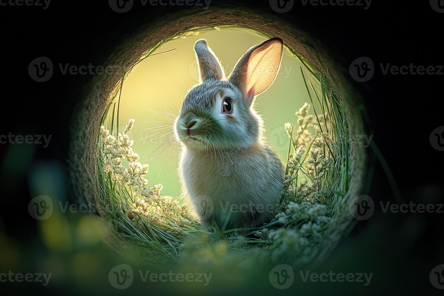 Rabbit in a Hole Surrounded by Flowers photo