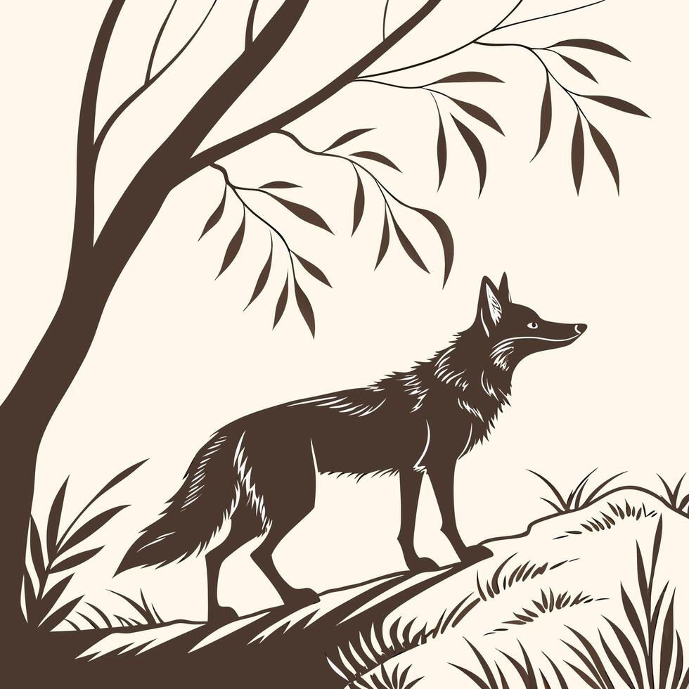 Serene Silhouette of a Fox Standing on a Hillside Under a Weeping Willow Tree in a Peaceful Forest Setting vector