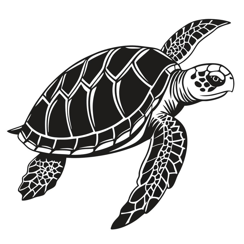 Majestic Sea Turtle Gracefully Swimming in Ocean Depths A Dramatic Black and White Illustration - Professional digital artwork with vibrant colors and detailed composition vector