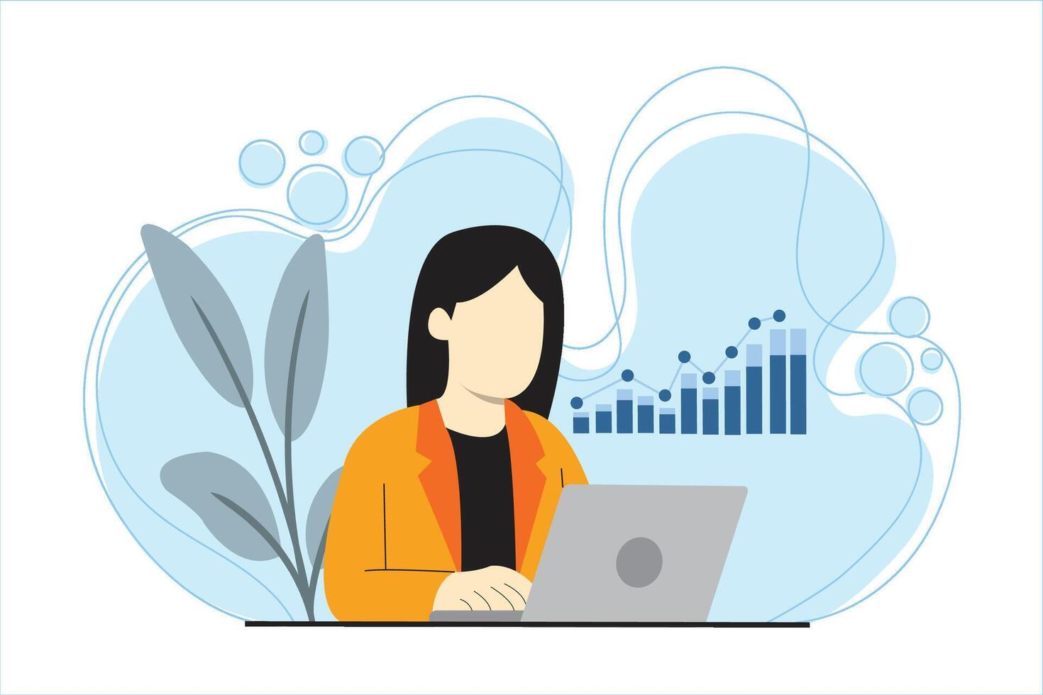 Businesswoman working on laptop with growth chart behind, symbolizing digital progress and productivity. vector