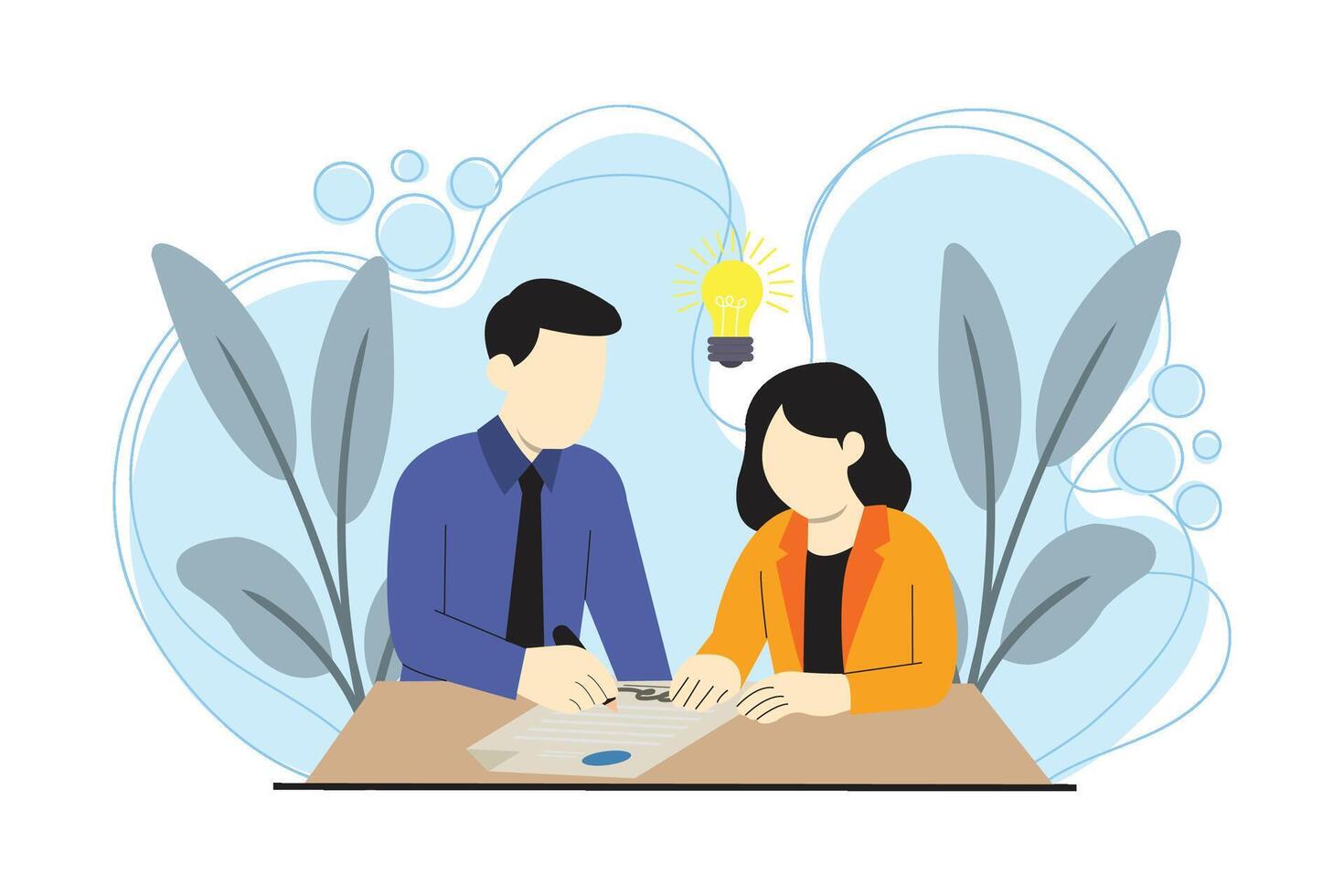 Two coworkers signing document on desk with light bulb above, symbolizing a new business idea. vector