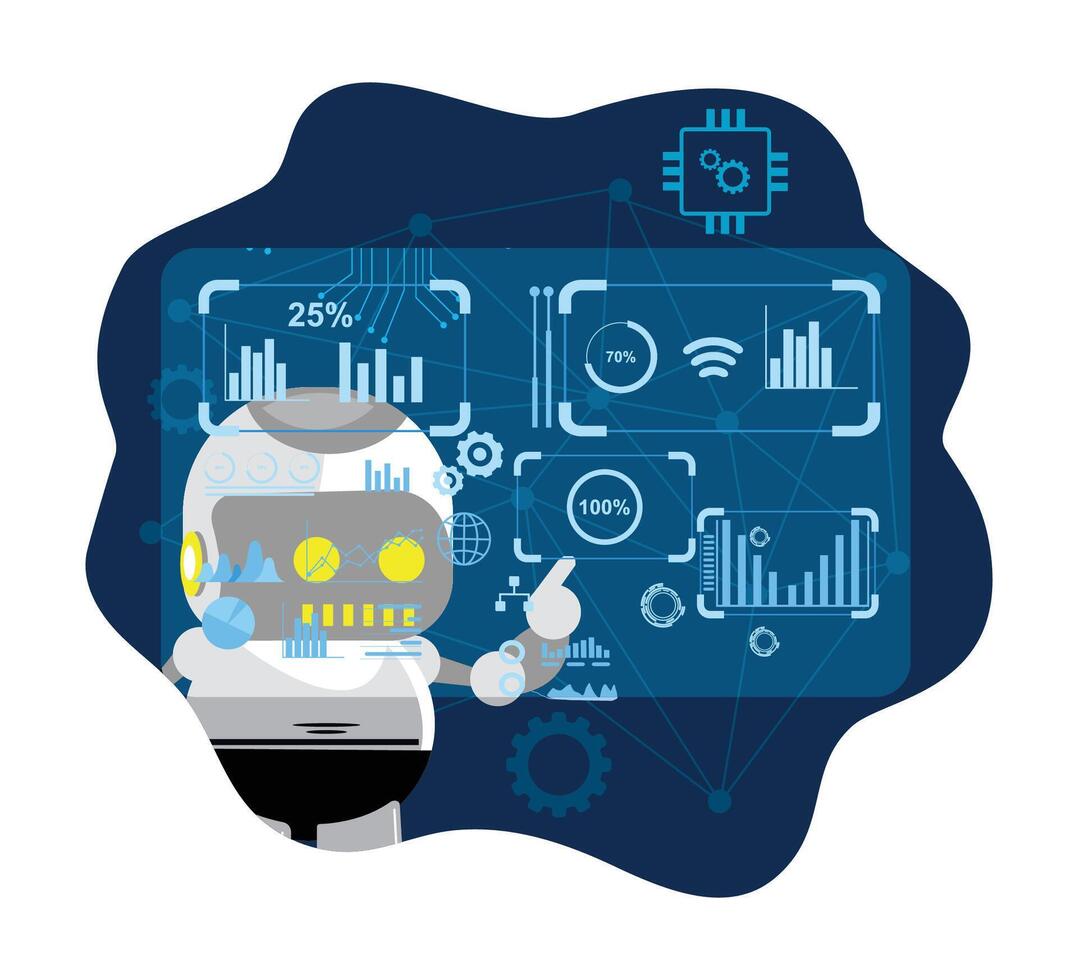 Robot analyzing data metrics and analytics vector