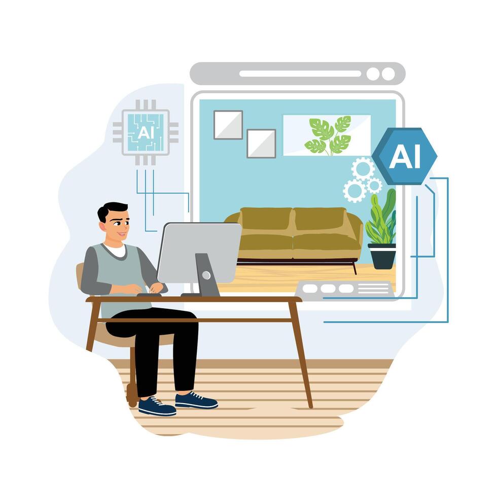 Man using AI at home office vector