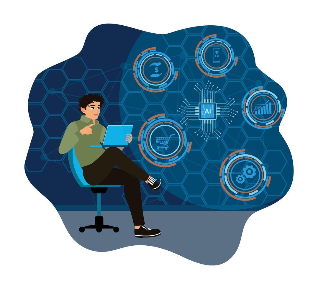 Person using laptop with technology icons vector