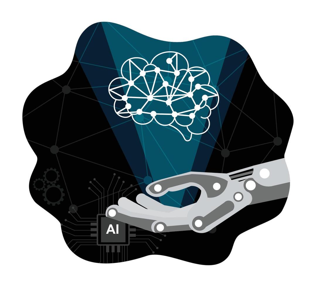 AI brain illustration with robotic hand vector