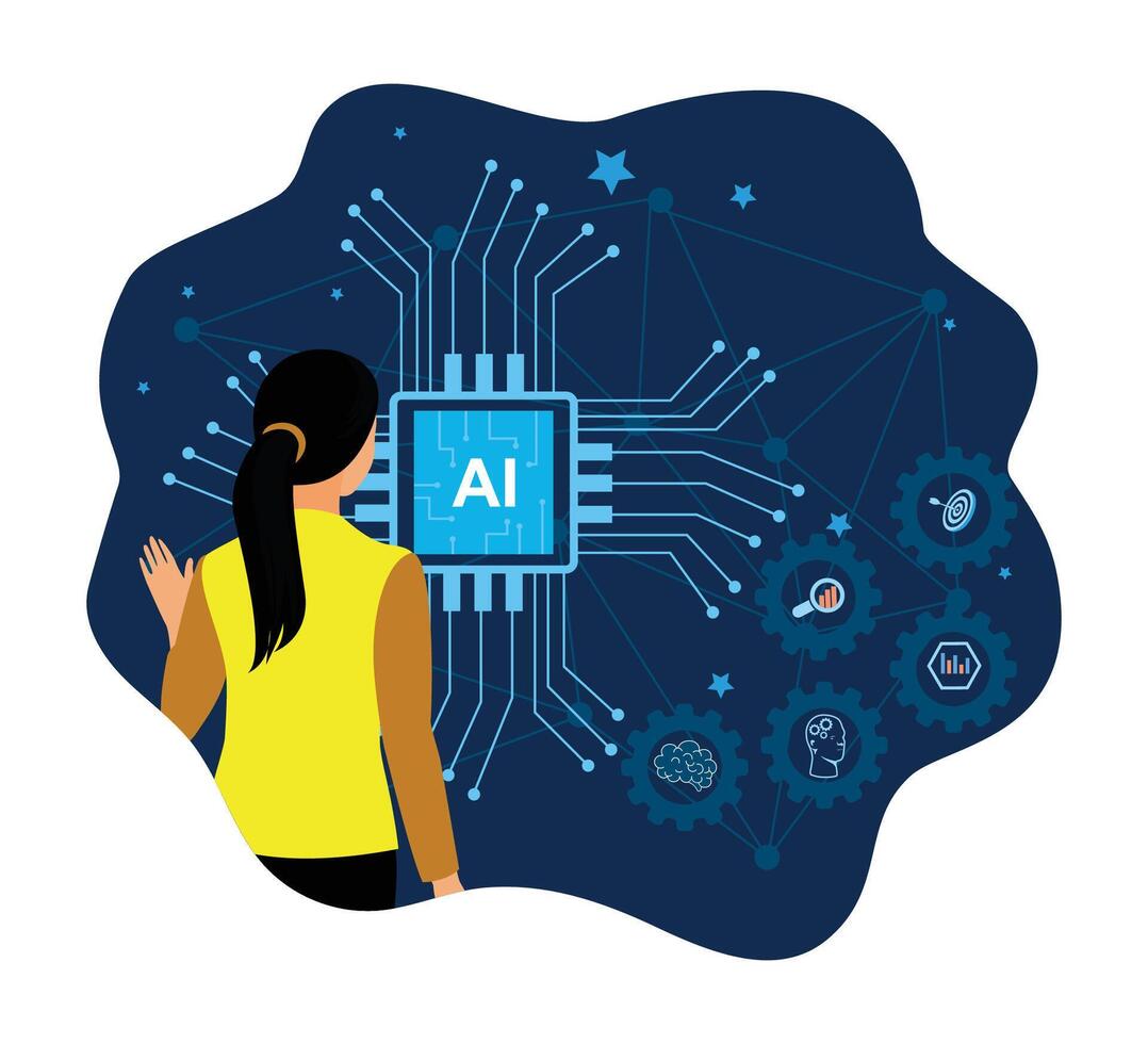 Person observing AI technology illustration vector