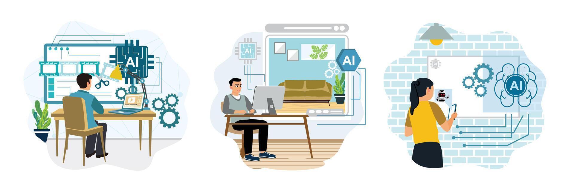 People working with AI technology vector